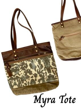 Myra Bag Brown Leather Canvas Camo Print Tote Zipper Top Close Great Detail!